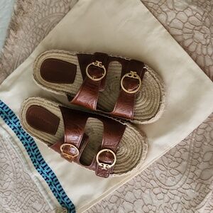 Tory Burcch Brown Leather Sandals with Gold Buckles